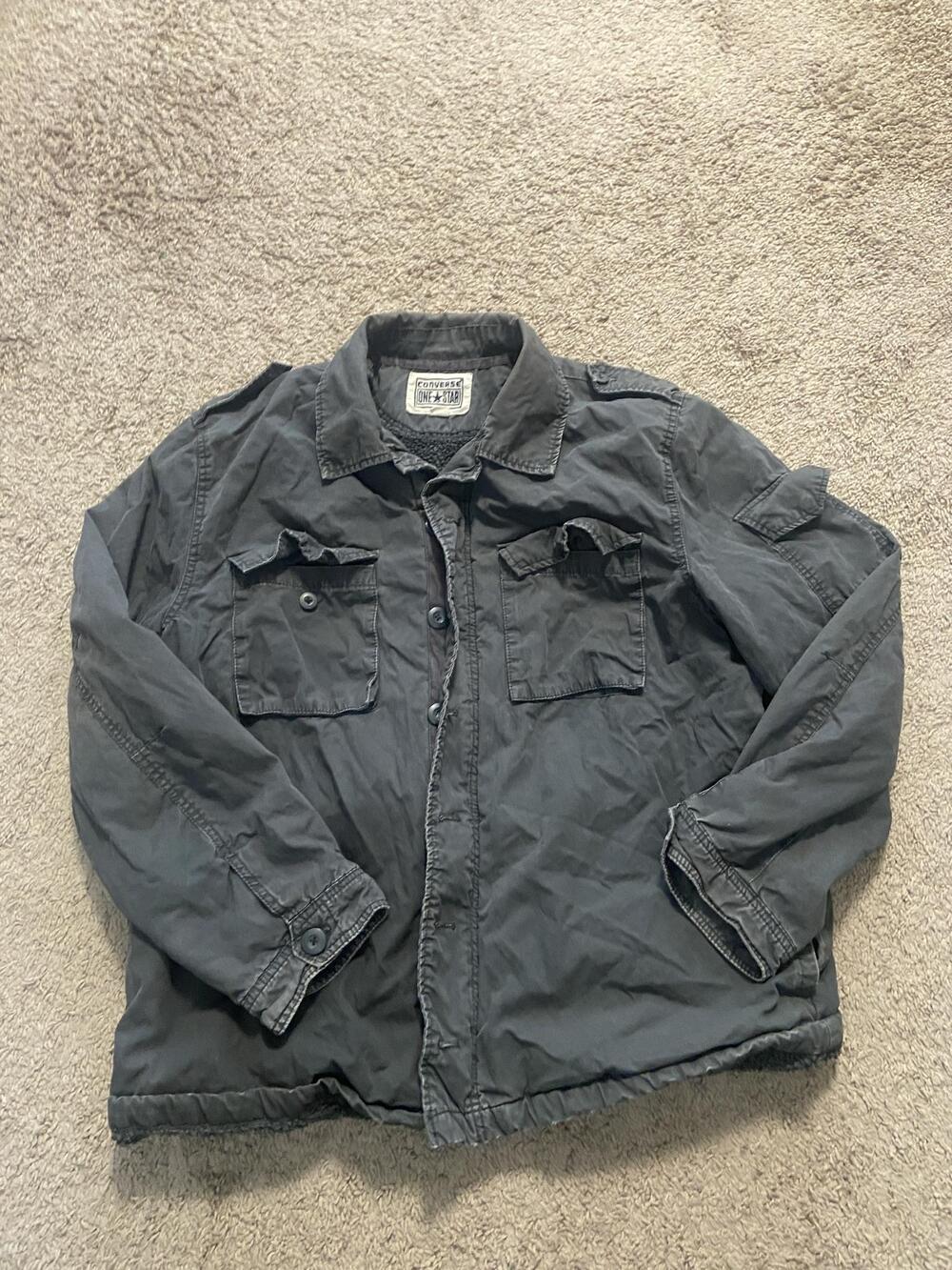 Converse One Star Jacket Mens XL Gray Canvas Full Zip Lined Military Field